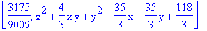 [3175/9009, x^2+4/3*x*y+y^2-35/3*x-35/3*y+118/3]